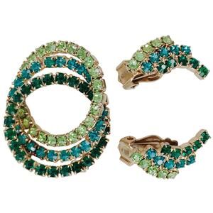 Vintage Mid Century Uranium Rhinestone Brooch Earrings Set Gold Tone UV Reactive